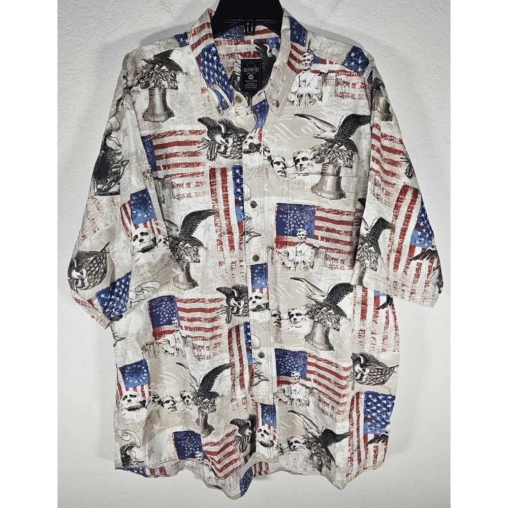 RedHead Shirt Button Down Short Sleeve Mens 2XL America‎ Patriotic Flags Eagle